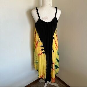 Tie-Dye Flowy Swing Dress Black Yellow Green Spaghetti Strap Boho